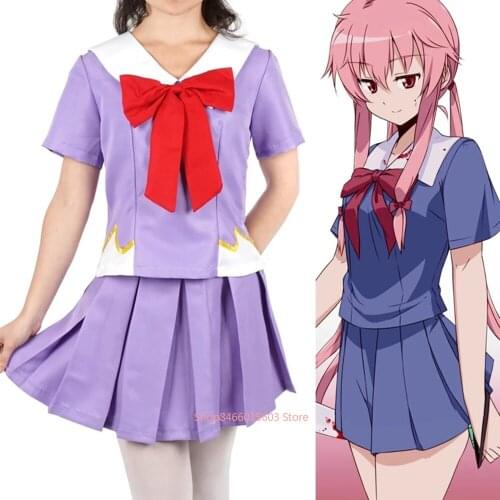 Future Diary 2nd Mirai Nikki Gasai Yuno Lolita Sailor Cosplay Costume Women Loli Bow Short Skirt Wig Halloween Christmas Dress