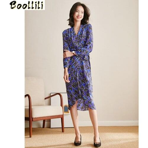 Boollili Real Silk Dress Women Summer Dress Korean Vintage Print Beach Dress Elegant Party Dresses Woman Vestidos Robe Femme