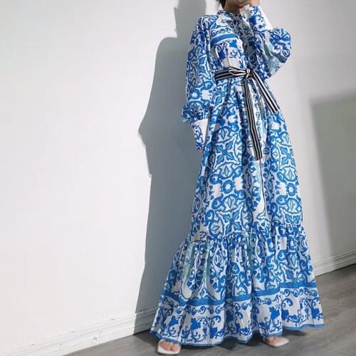 New Retro Blue Lantern Sleeves Women Long Dress Pattern Floral Printed Belt Sashes Elegant Lady Evening Party Dresses