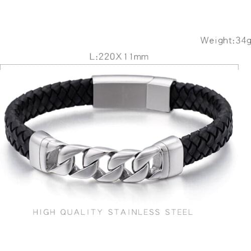 22cm Fashion Woven Leather Bracelet For Men Stainless Steel Vintage Cuban Chain Charm Bracelet Bangle Jewelry Accessories