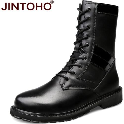 JINTOHO Big Size Men Genuine Leather Shoes Winter Men Boots Mid-Calf Motorcycle Boots Leather Male Boots Snow Winter Shoes