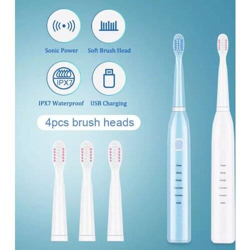 Electric Toothbrush Waterproof IPX7 6 Modes 4 Pcs DuPont Replacement Tooth Brush USB Rechargeable Ultrasonic Smart Toothbrush