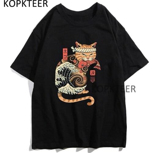 Shinobi Cat Neko Wave Harajuku T-shirts Harajuk Aesthetic 2021 Fashion Japanese Style Male/Women Anime Short Sleeve T-shirts Top