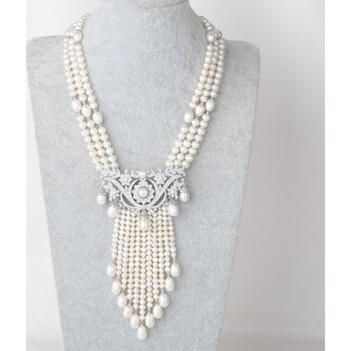 19" 3 Strands Cultured White Pearl Necklace CZ White Sea Shell Pearl Pendant