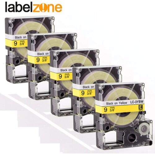 5Pcs 9mm Black on Yellow compatible Epson LC-3YBW/SC9YW label tapes strong adhesive laminated lc3ybw label ribbon for KingJim