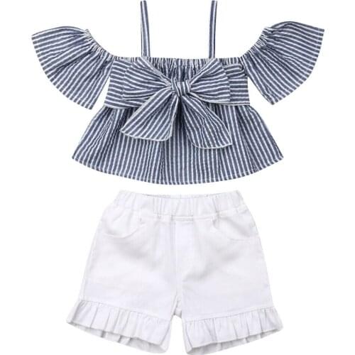 Toddler Kids Girls Summer T-shirt Tops+Shorts Pants Outfits 2PCS Off Shoulder Striped Girl Clothes 2-7Y
