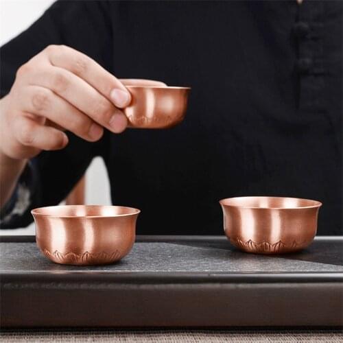 Copper Thickened Small Tea Bowl Creative Metal Wine Cup Household Kung Fu Master Cup Carved Lotus Office Teacups Drinkware