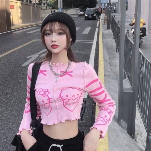 Y2k Lovely Cartoon Letter Knitted Top Sweet Korean Fashion Full Sleeve Pullover Sweaters Pink Kawaii Girl Short Length Sweater