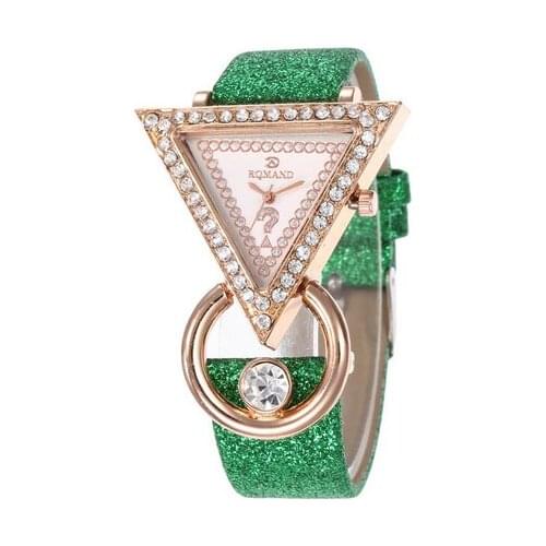 Rhinestone Triangle Dial Shimmer Faux Leather Band Women Quartz Wrist Watch Rhinestone Inlaid Flash Belt Watch, Party Gift Watch