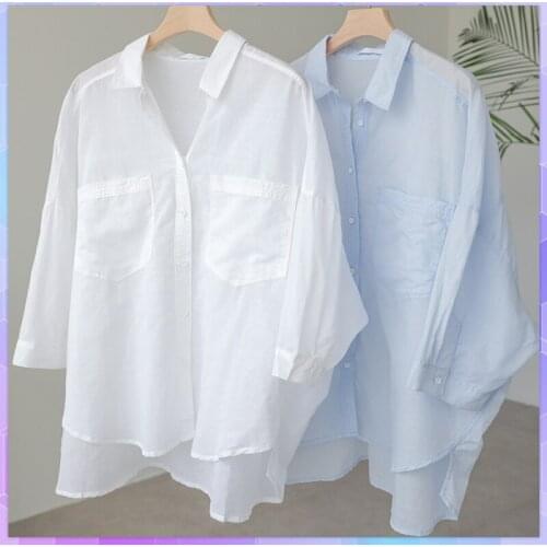 Solid Loose Tee Shirt Women Stand Collar Long Sleeve T-shirt Office Work T-shirts Vintage Cotton And Linen Tshirt Femme Blue