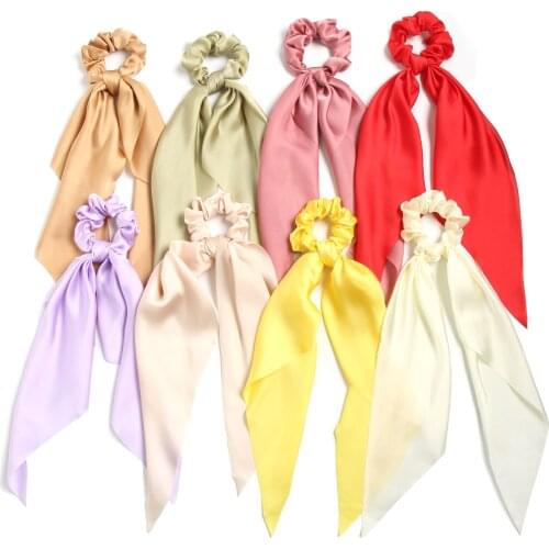 Wholesale 10PCS Satin Bow Long Ribbon Ponytail Scarf Hair Tie Scrunchies Women Girls Elastic Hair Bands Hair Accessories