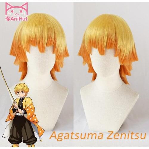 【AniHut】Agatsuma Zenitsu Wig Kimetsu no Yaiba Demon Slayer Yellow Synthetic Heat Resistant Hair Agatsuma Zenitsu Cosplay