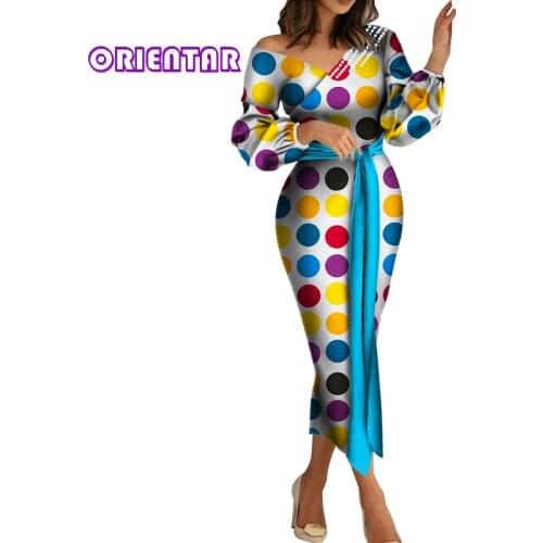 Elegant Women Ankara Dress with White Pearls Decoration African Prints Dress Long Sleeve Ladies African Dresses for Women WY6103