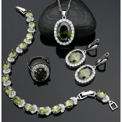 Silver 925 Jewelry Sets Olive Green Cubic Zirconia Drop Earrings Pendant Ring Bracelet Necklace Set For Women Jewelry