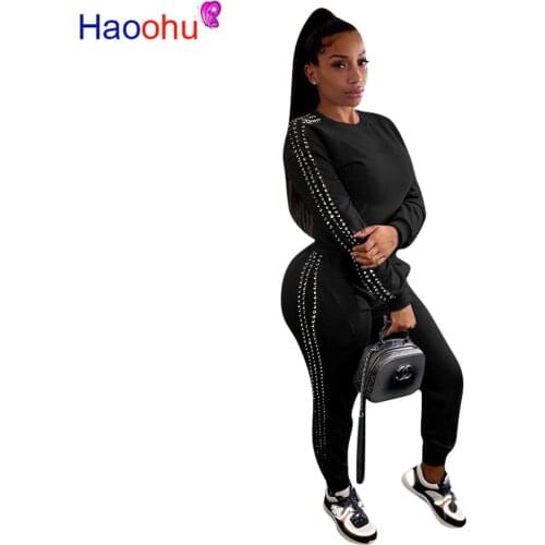 Beaded Sexy 2 Piece Matching Set Sweatsuit Women O-Neck Full Sleeve Slim Hoodie and High Waist Pants Plus Size Autumn Winter Set