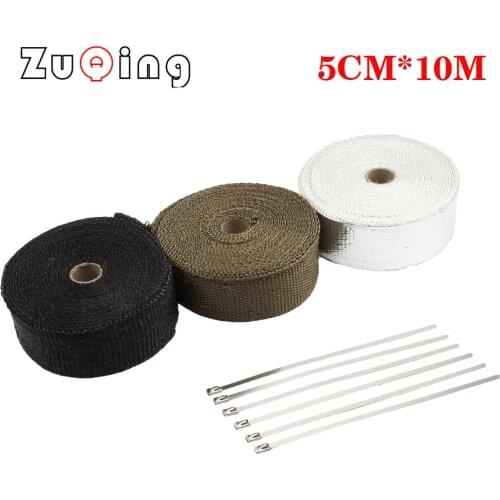 Motorcycle Exhaust Heat Wrap Thermal Tape Fiberglass Heat Wrap Manifold Insulation Roll Resistant with Stainless Ties 5cm*10M