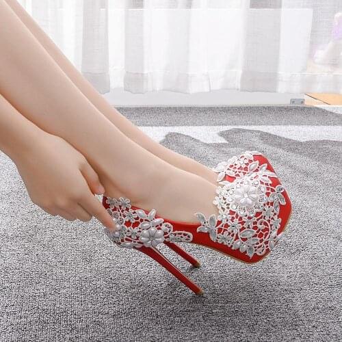 Crystal Queen Fashion Womens Ultra High Heels Wedding Pumps Elegant Shoes Ladies Lace Platform Sexy Pearl Diamond Shoes