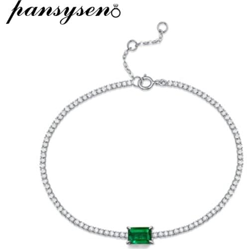 PANSYSEN Solid 925 Sterling Silver 1CT 5*7MM Created Moissanite Emereald Gemstone Bracelets for Women Luxury Fine Jewelry gifts