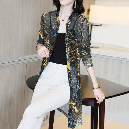 2021 Bohemian Printed Long Sleeve Summer Beach Wear Midi Kimono Cardigan Tunic Women Tops Chiffon Blouse Shirt Femme X108