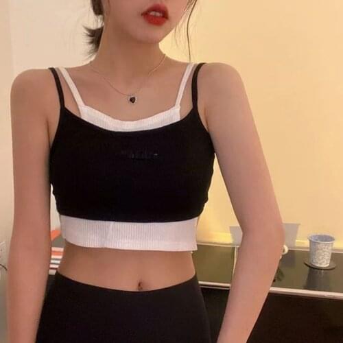 Womens Knitted Self-cultivation Fake Two-piece Splicing Camisole Summer New Shirt Irregular Shirt Denim Shorts Three-piece Suit