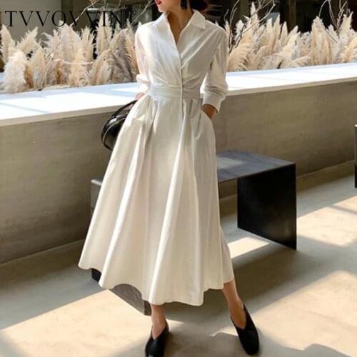 TVVOVVIN Women Dress Temperament White Dress Cotton Seven Sleeves High Waist Large Hem Summer Dresses Spring Autumn 2020 V157