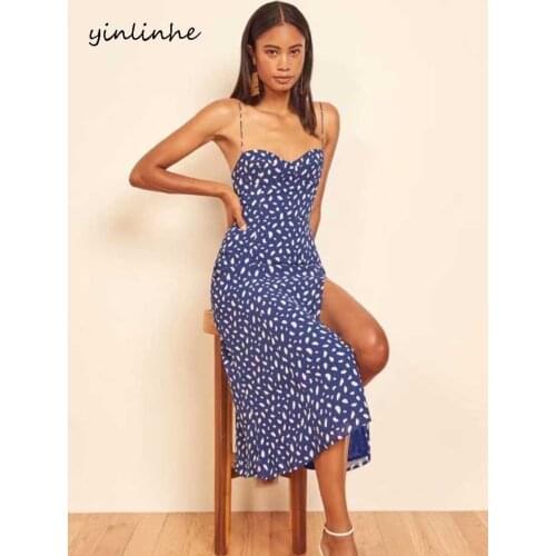 Yinlinhe Heart Collar Sexy Midi Dress Women Backless Tied Braces Summer Dress Split Blue Slim Party Dress French Style 2188