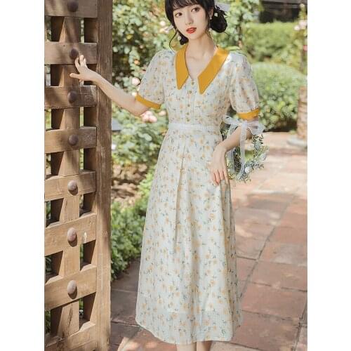 French Sweet Summer Floral Fairy Dress Temperament Lapel Lace Chiffon Vestidos Gentle Wind Retro Dresses Women