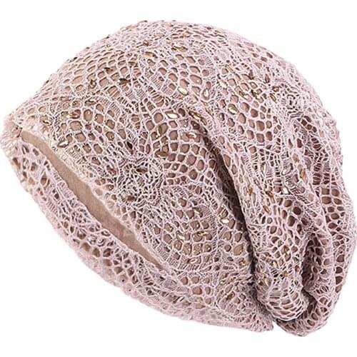 Winter Turban For Muslim Women Cotton Lace Double Layer Beanie Hat Crystal Bling Snap Slouch Skullies Arab Head Wrap Hijab Hat