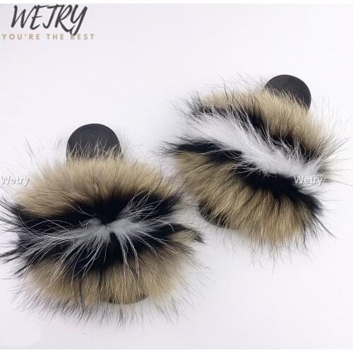 100% Real Raccoon Fur Slippers Women fashion color Sliders summer sliders fashion fur Big Size 45