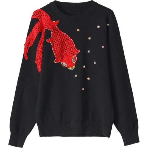 2021 Comfortable Women Jumpers Elegant Knitwear Basic&Casual Lady Sweater Tops Red Fish Crochet Colors Jacquard Beaded Pullover