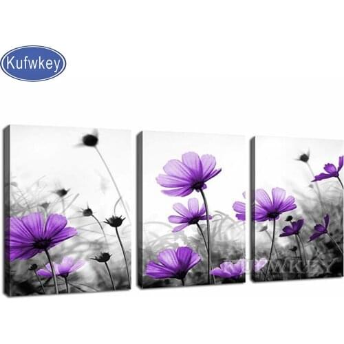 3 piece Purple Wildflowers Full Square round 5d diy Diamond Painting Embroidery sunflower diamond Mosaic set Triptych art