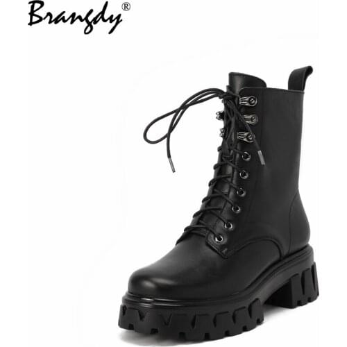 Brangdy Fashion Women Martin Boots Solid Color Round Toe Womens Winter Boots Lace Genuine Leather Ankle Boots Zipper Size 34-39