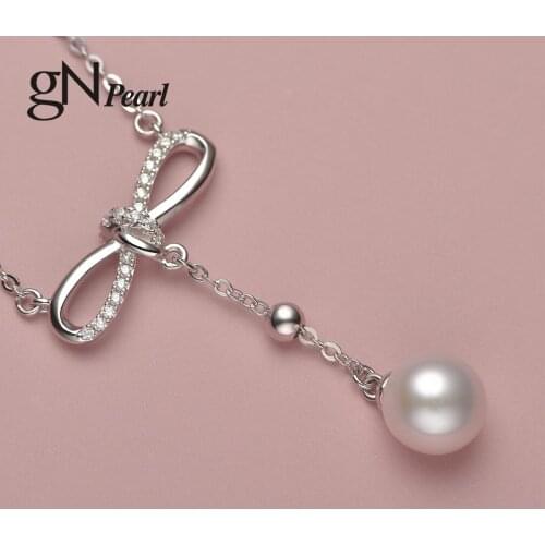 GN Pearl Chain Necklaces 925 Sterling Silver Bowknot Pendants gNPearl Genuien 7-8MM White Natural Freshwater Round Pearl Chokers