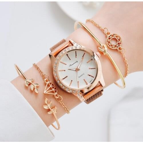Luxury Brand Rose Gold Rhinestone Unique Dial Watches Women Ladies Crystal Bracelet Quartz Wrist Watch 5pcs Set Relogio Feminino