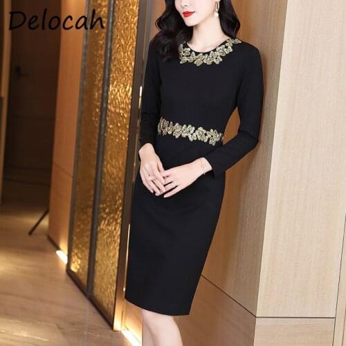 Delocah New 2021 Autumn Women Fashion Designer Pencil Dress Long Sleeve Gorgeous Crystal Beading Black Print Split Midi Dresses