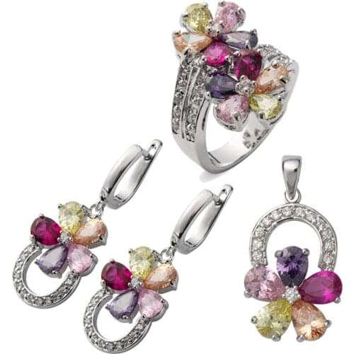 Fleure Esme women wedding jewelry sets(ring/earring/pendant) Pink Purple Morganite Peridot Cubic Zirconia Rhodium Plated R504set