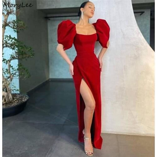 Red Prom Dresses Scoop Short Sleeves A-Line Side Slit Velour Prom Dresses With Zipper Back vestidos de fiesta de noche