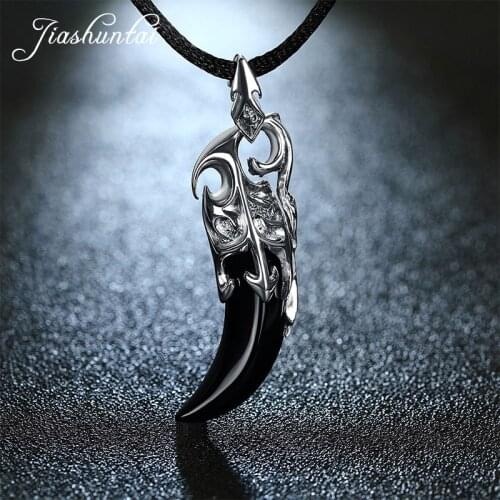 JIASHUNTAI Retro 100% 925 Silver Sterling Pendant Necklace Black Stone Wolf Tooth Thai Silver Jewelry For Cool Men