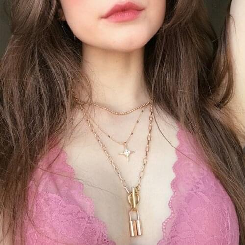 IFKM Fashion Multi Layer Lock Pendants Zircon Crystal Necklaces For Women Gold Metal Key Heart Necklace New Design Jewelry Gift