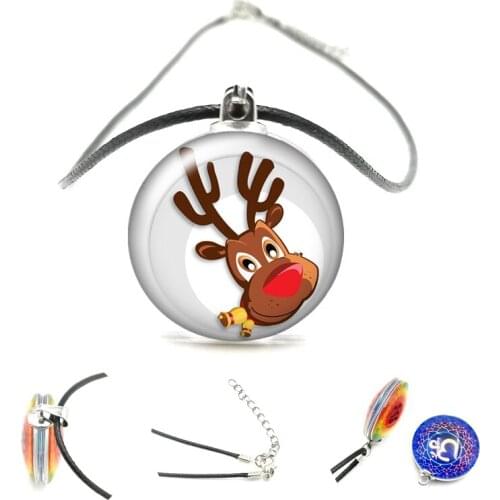 2020 Charm Merry Christmas Deer Double Side Pendant 25mm Glass Cabochon Black Leather Cord Necklace Men and Women Jewelry Gift
