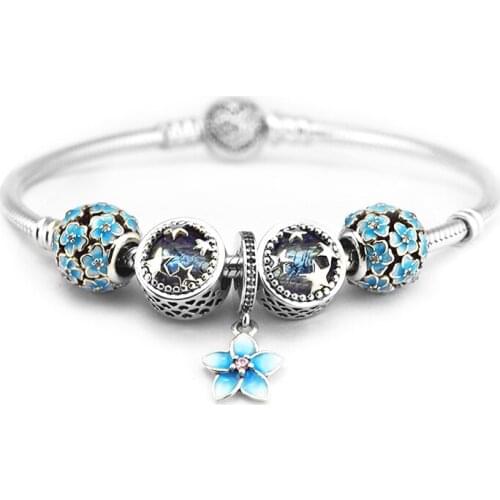 100% 925 Sterling-Silver-Jewelry Blue Series Bracelets Blue Blossm Charm Sparkling Heart Bracelets with 5pcs Beads in a set