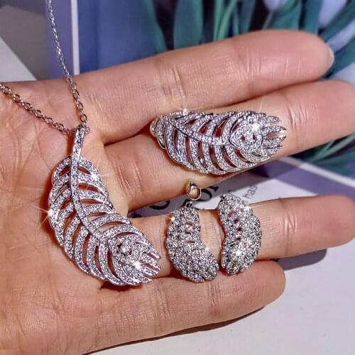 Silver Color Cute Feather Jewelry Set Long Chain Necklace Adjustable Ring Stud Earring for Women Fashion Jewelry 2021