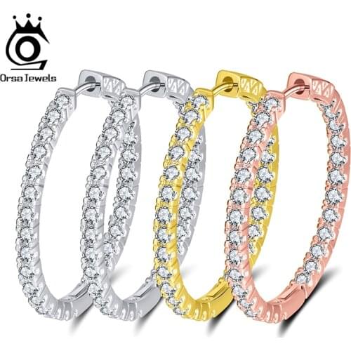 ORSA JEWELS 35mm Big Size Women Hoop Earrings Full Zircon 35 MM Circle Earrings Trendy Delicate Lady Luxury Party Jewelry OE137