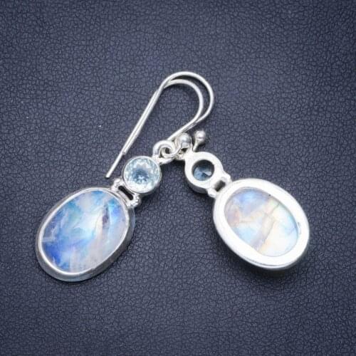 Natural Rainbow Moonstone and Blue Topaz Handmade Unique 925 Sterling Silver Earrings 1.5" A0750