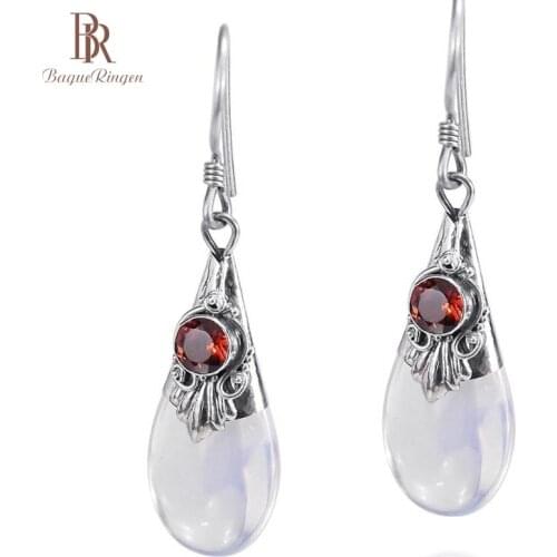 Bague Ringen vintage 925 Sterling Silver Drop Earring With Ruby Moonstone Gemstone Fine Jewelry Long Dangle Woman Party Gift