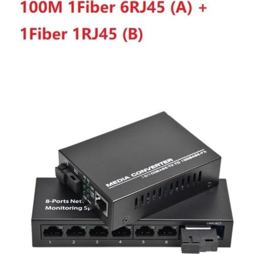 1 Pair 10/100M Fiber Optic Transceiver 1 Fiber port 6 RJ45 port A and B 25 KM Single-Mode Optical Fiber Media Converter
