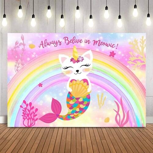 Always belive in meowic Rainbow Birthday Backdrop Newborn kids Theme Mermaid Photo Background Bokeh Glitter Dots Party Banner