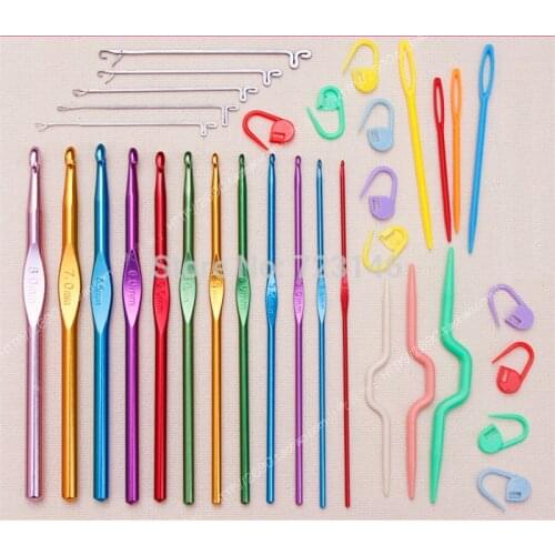 High Quality Pink Bag 32Pcs Set Multi-colour Aluminum And Silver Crochet Hooks Needles Knit Weave Craft Yarn