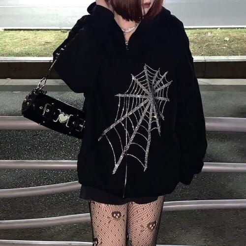 Harajuku Women Long Sleeve Outwear Zip-up Y2K Korean Style Fashion Rhinestone Spider Web Coat Black Streetwear Jacket Clothes