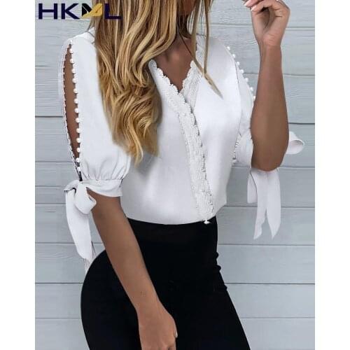 Beaded Lace Slit Half Sleeve Shirt Tops Women V-neck button Solid color Bandage Beaded Slit Half Lace Sleeve Womens Shirt Tops